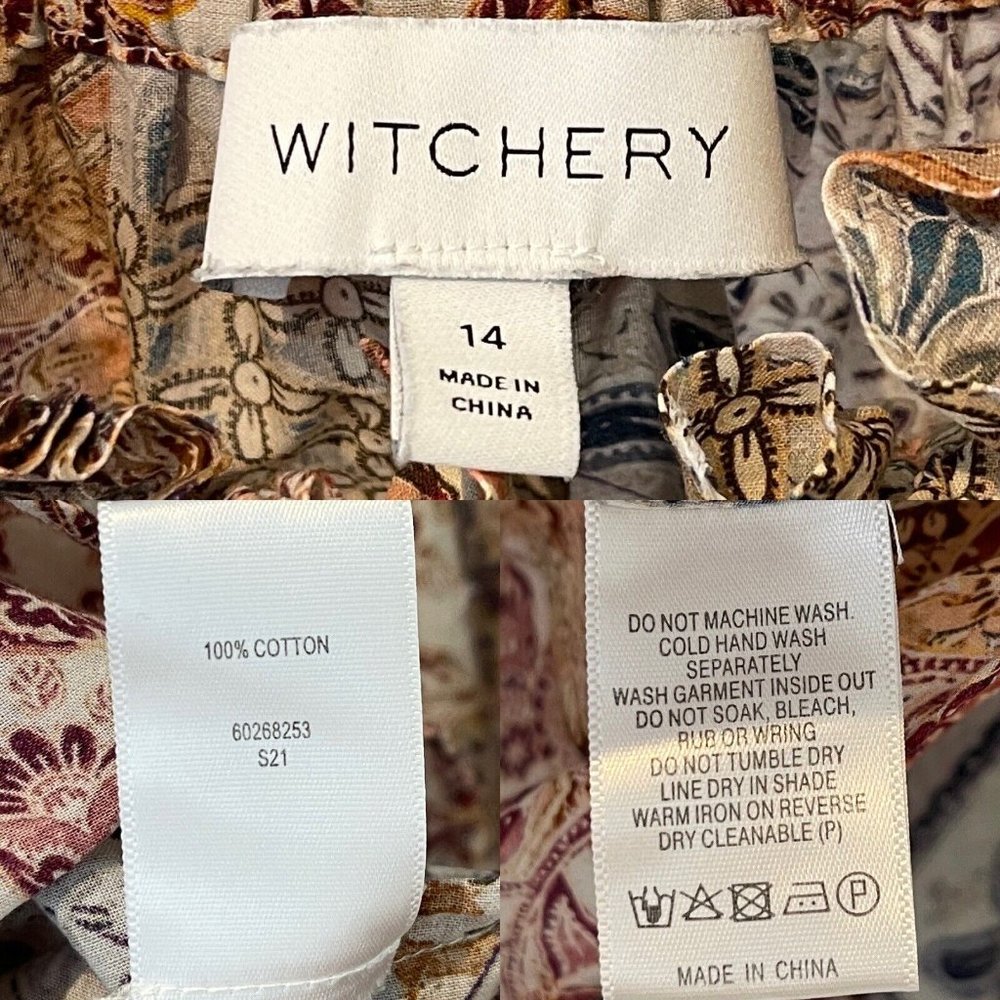 Witchery Santorini Print Raglan Blouse Top Size 14 Balloon Sleeve Cotton Boho - Picture 14 of 16